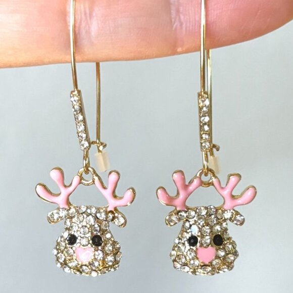 Pink Enamel Antlers Rhinestone Gold Tone Reindeer Head Christmas Winter Earrings - Picture 1 of 4